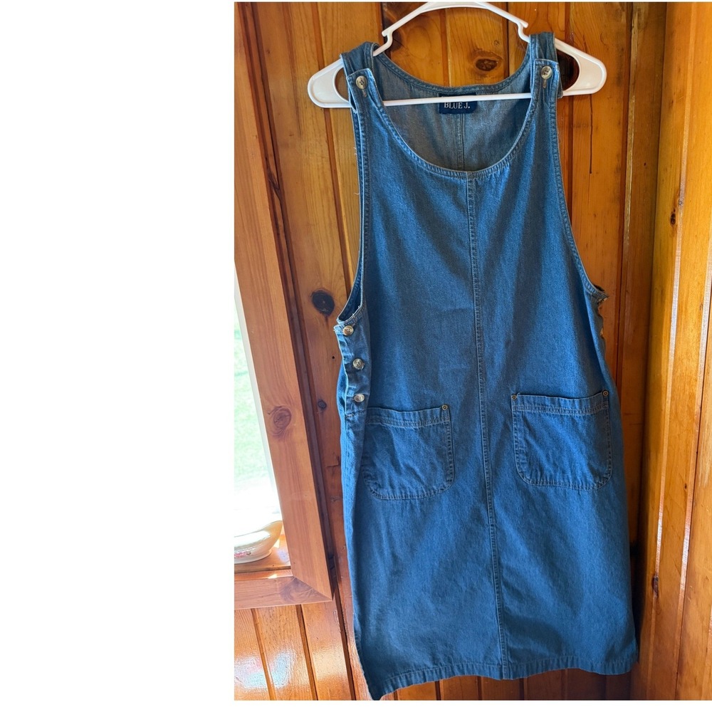 Blue J Womens Denim Jumper Dress Medium Wash Pinafore Side Button PocketsVintage